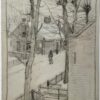 Antique drawing, ca 1940 - Winter street view by Leendert Prins