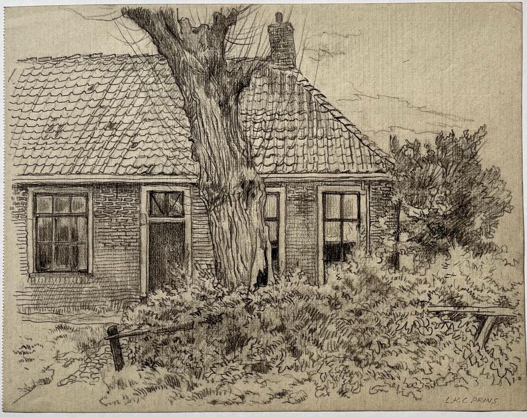 Antique drawing, ca 1940 - A farm in 't Gooi, The Netherlands by Leendert Prins