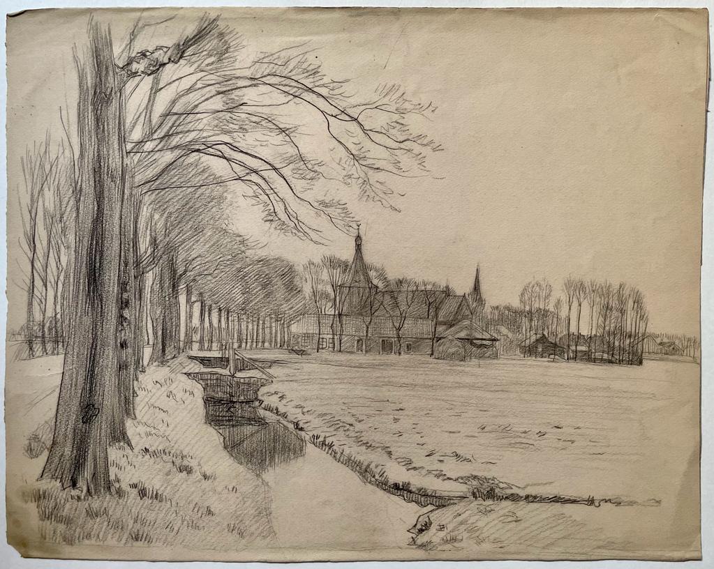 [Modern drawing, black chalk] Winter landscape with a small village, ca. 1920-1940, 1 p.