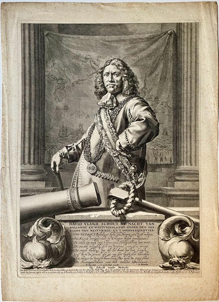 [Antique portrait print, engraving/gravure] 'David Vlugh, schout by nacht ...'; portrait of David Vlugh, published ca. 1700, 1 p.