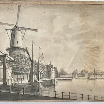 [Antique drawing, watercolor] View on a canal with boats and a mill, 19th century, 1 p.