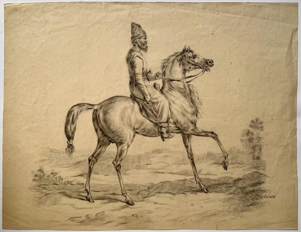 [Antique drawing, black chalk and pencil] Man in oriental clothes riding a horse, dated 1823, 1 p.