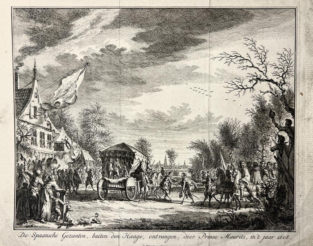 [Original etching/ets] 'De Spaansche Gezanten, buiten den Haage, ontvangen, door Prinse Maurits'; Spanish delegates received outside The Hague by Prince Maurice, 1608, 1 p.
