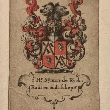 Handcolored 17th century Coat of Arms, Symon de Ryck (Simon de Rijck), Raat en oudt schepe, 1 p.