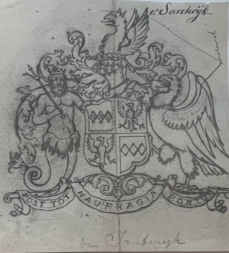 Wapenkaart/Coat of Arms: Original preparatory drawing of the Van Santwijk Coat of Arms/Family Crest, 1 p.