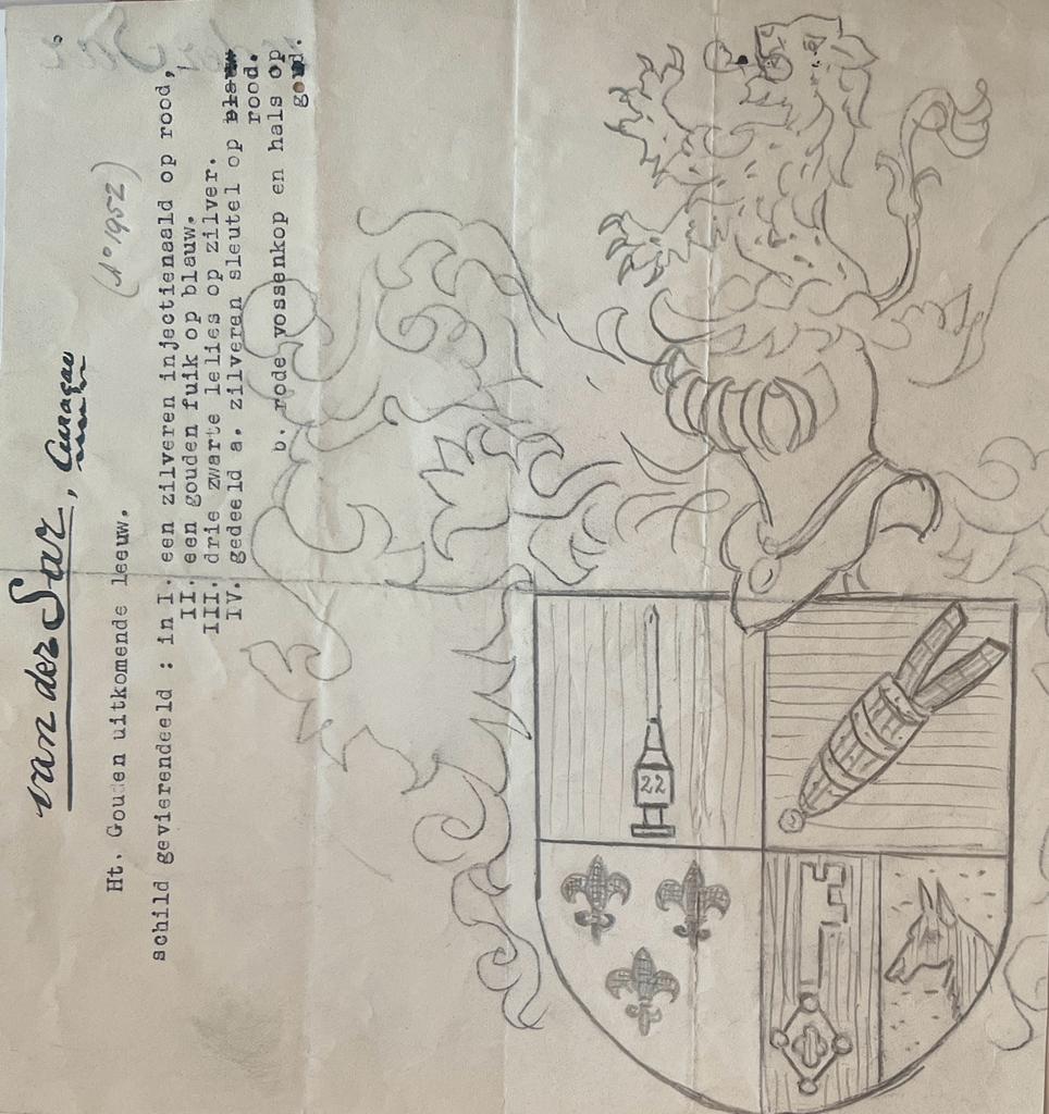Wapenkaart/Coat of Arms: Original preparatory drawing of the Van der Sar, Curacao Coat of Arms/Family Crest, 1 p.