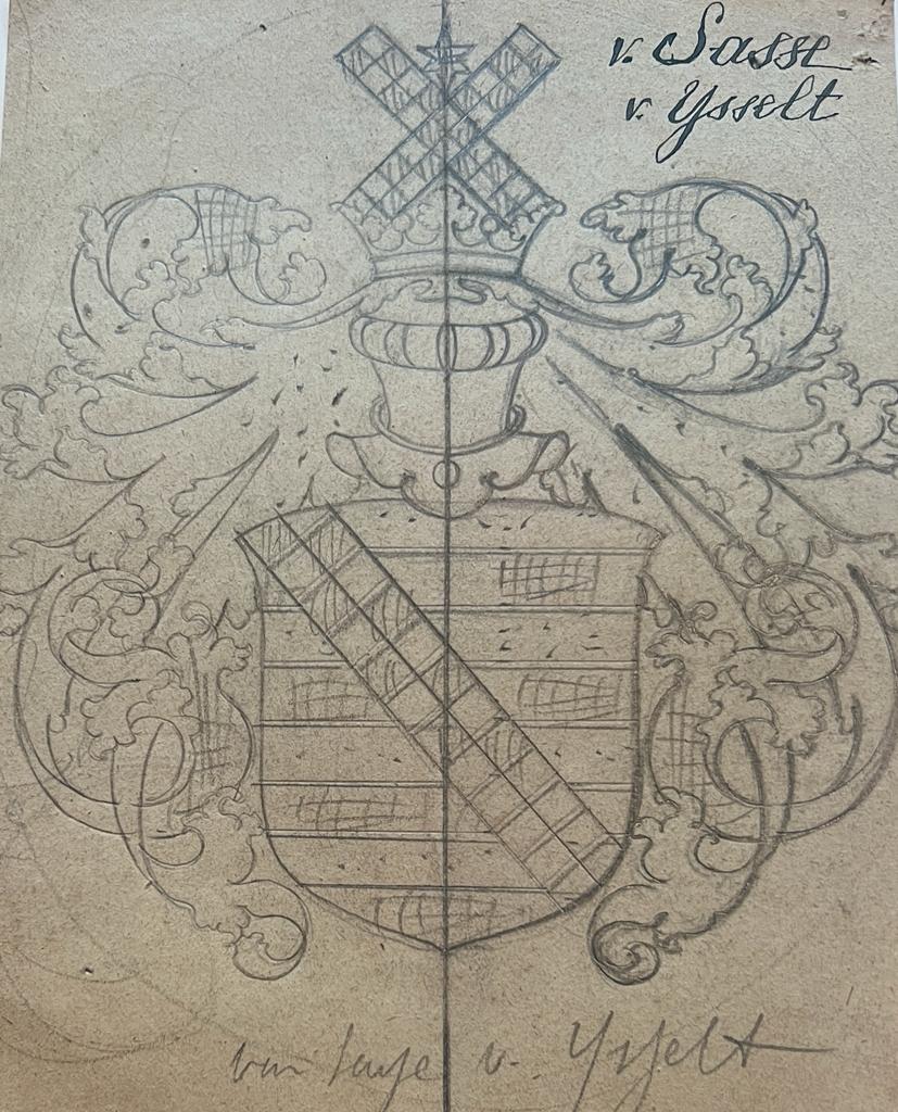 Wapenkaart/Coat of Arms: Original preparatory drawing of the Van Sasse & Van IJsselt Coat of Arms/Family Crest, together with coloured coat of arms Sasse, 2 pp.