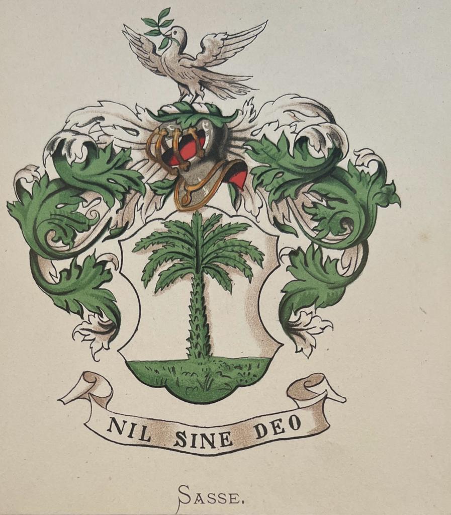 Wapenkaart/Coat of Arms: Original preparatory drawing of the Van Sasse & Van IJsselt Coat of Arms/Family Crest, together with coloured coat of arms Sasse, 2 pp.