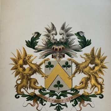 Wapenkaart/Coat of Arms: Original preparatory drawing of the Sandberg (Santberg) Coat of Arms/Family Crest, together with coloured coat of arms Sandberg, 2 pp.