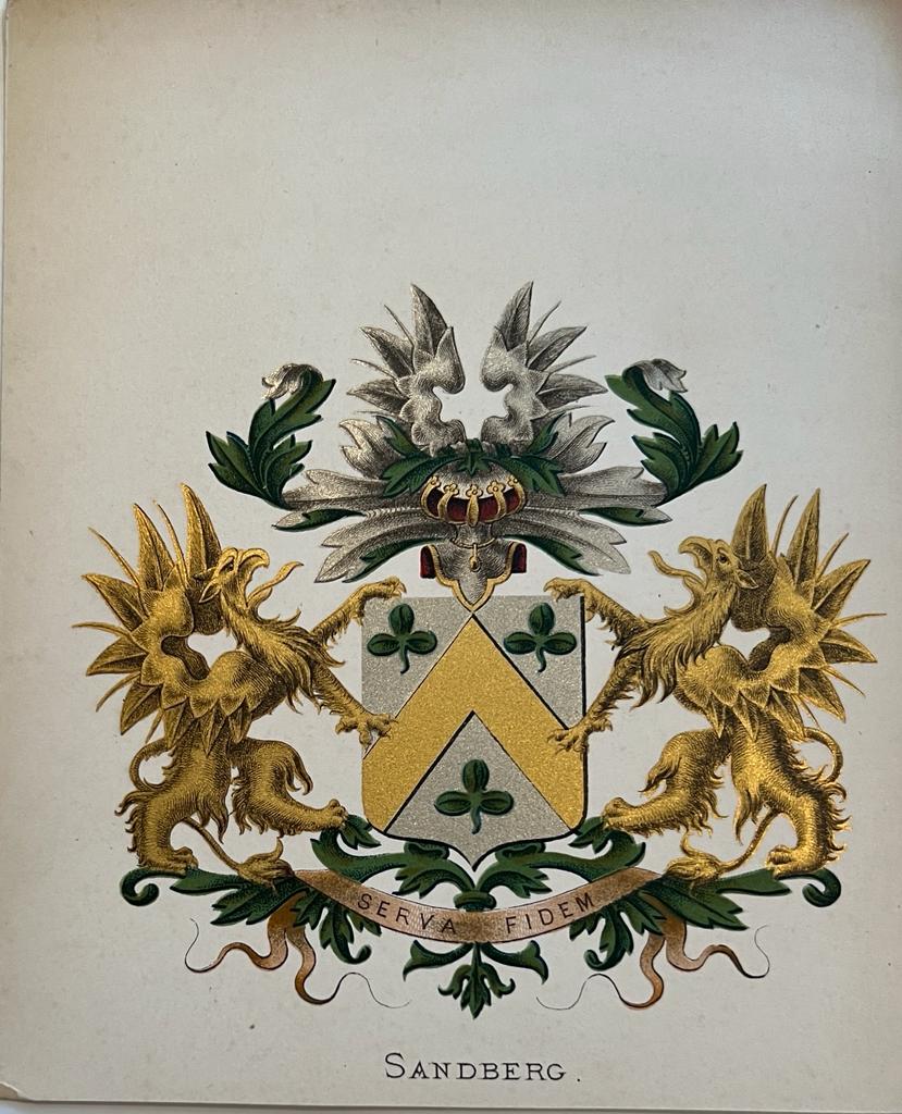Wapenkaart/Coat of Arms: Original preparatory drawing of the Sandberg (Santberg) Coat of Arms/Family Crest, together with coloured coat of arms Sandberg, 2 pp.