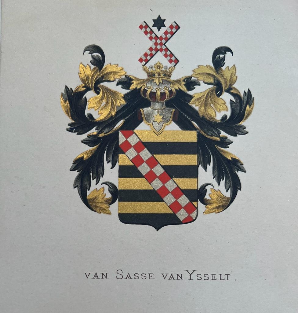 [Heraldic coat of arms] Coloured coat of arms of the Van Sasse van Ysselt family, family crest, 1 p.