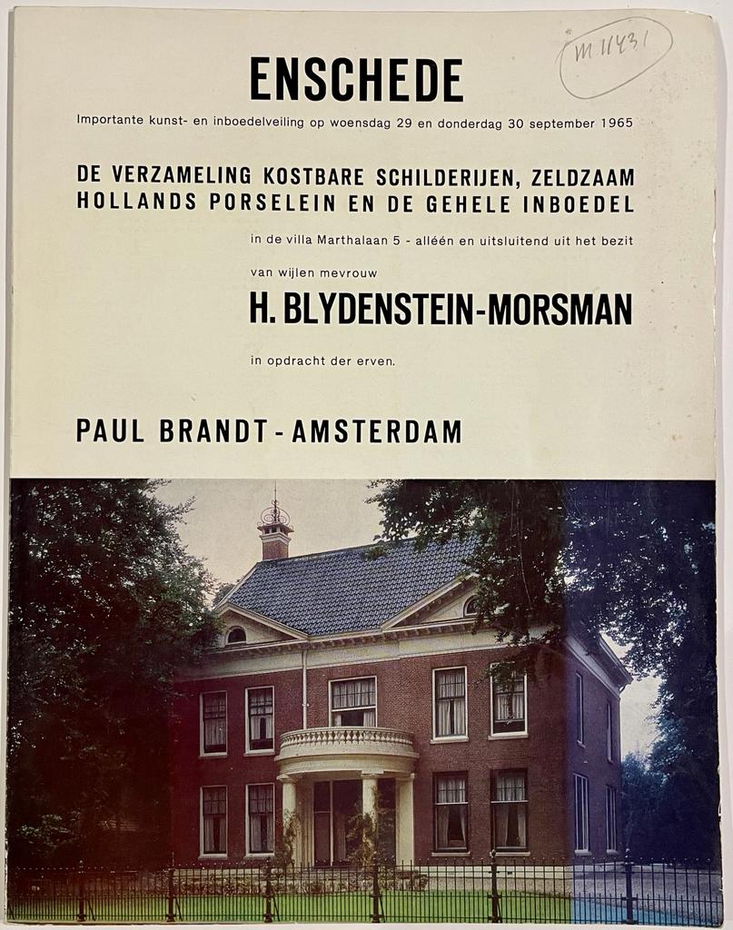  - [Auction catalogue, 1965] Veilingcatalogus antiek from the collection of mrs. H. Blijdenstein-Morsman, Enschede 1965, Marthalaan 5, 36 pp. Richly illustrated.