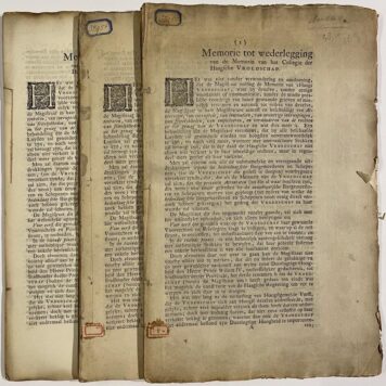 [Printed publication, The Hague, 1760] Memorie van de magistraat van 's-Gravenhage (...) dat de gem. magistraat (...) geene armen (...) behoeft te alimenteren en mitsdien ook niet verpligt is subsidien te geven aan Diakenen. 's-Gravenhage, [ca. 1760], folio, 21 pp.