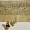 [Antique charters Lochem, 1452] Two manuscript statements of Godert van Roderlo and his wife Lutgert, d.d. 1452, about Pilling (en) near Lochem and Havezathe De Cloese. Charters on parchment with remains of the seal, 2 pp.