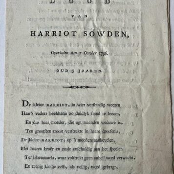 [Occasional poem, 1796] Op den dood van Harriot Sowden, overleden den 7 october 1796, oud 3 jaaren. z.p. 8º: [4] p.