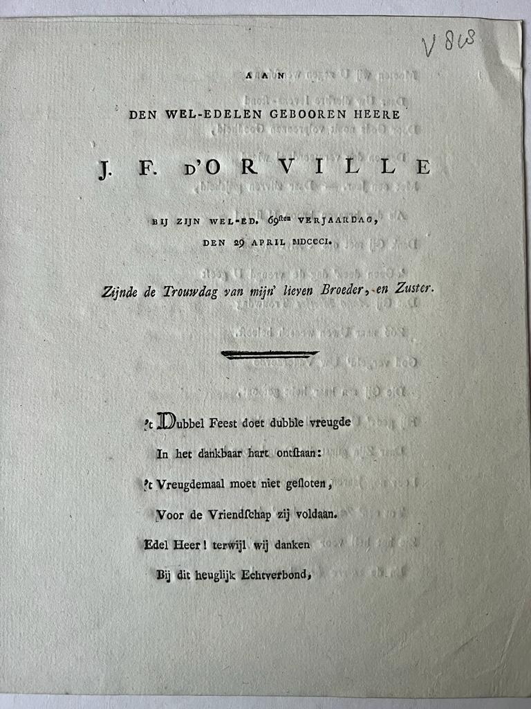  - [Occasional poem, 1801] Aan ... J.F. D'orville bij zijn Wel-ed. 69ste verjaardag (...), s.d. 4,  [4] pp.