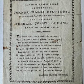 Aan mijne waarde tante Mejuffrouw Joanna Maria Niewindt, bij gelegenheid van haar Eds. echtvereeniging met den Heere Fredrik Joseph Guilini, op den 3den february 1805