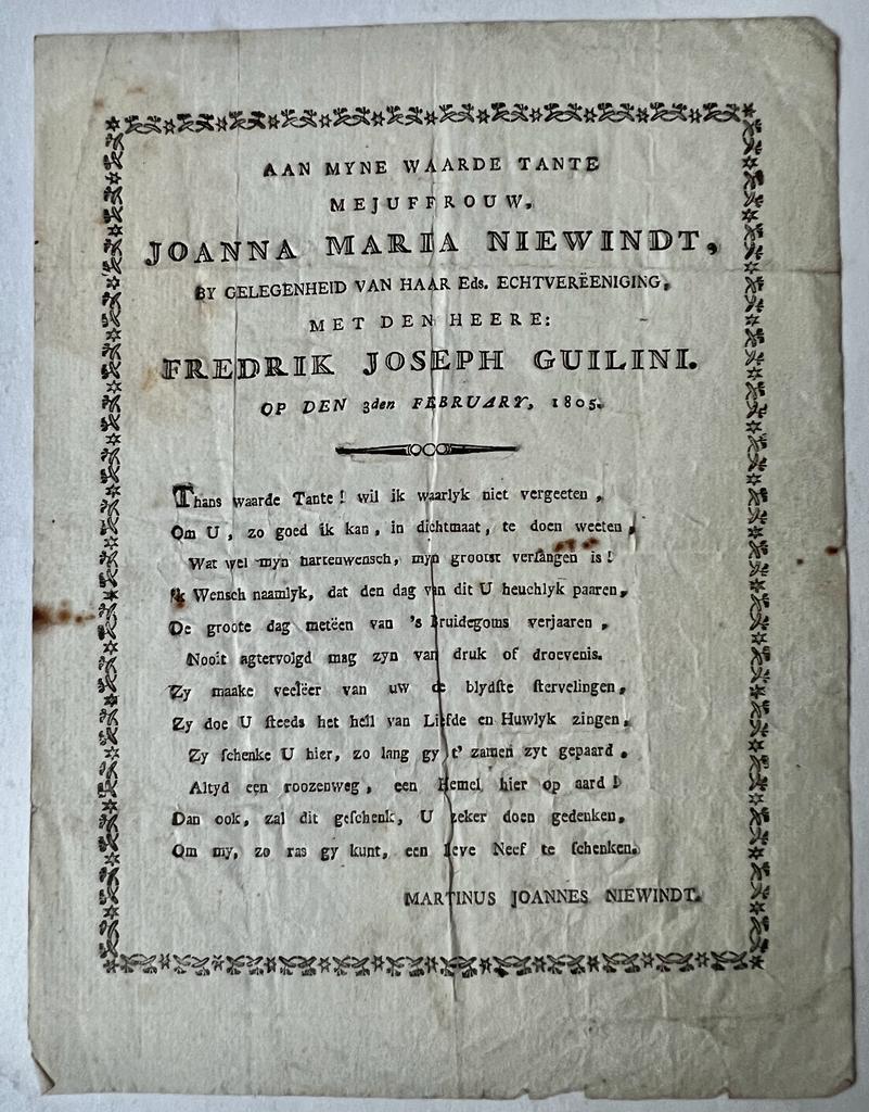  - [Occasional poem 1805] Aan Joanna Maria Niewindt, echtvereeniging met Fredrik Joseph Guilini, s.l. 4, [1] p.