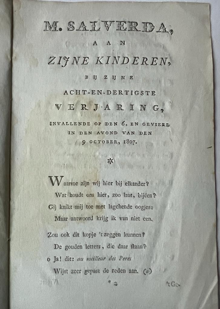  - [Occasional poem 1807] M. Salverda aan zijne kinderen, 1807 [Groningen], s.l. 8, [8] pp.