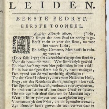 [Popular literature, 1729, convolute] Beleg en ontzet der stad Leiden. Blyeindend treurspel. Gespeeld op de Amsterdamsche Schouwburg. Amst., Heirs J. Lescailje en D. Rank, 1729, 3 titles in 1 volume.