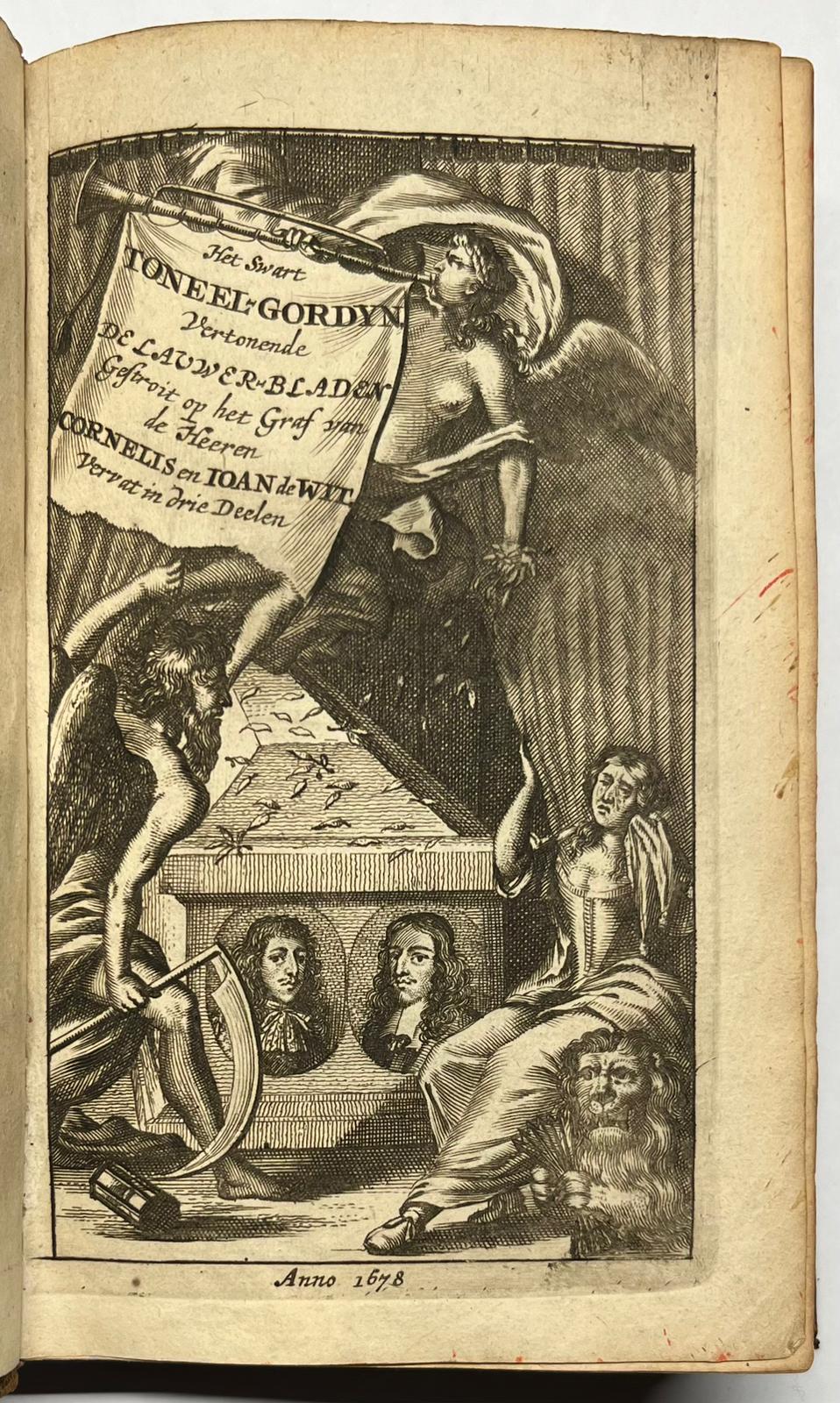 [Poetry, 1677-1678, De Witt] Het Swart Toneel-Gordyn, opgeschoven voor de Heeren Gebroederen Cornelis en Johan de Wit. [s.n.], [s.l.], 1677-1678, 3rd ed., 3 parts in 1 vol., (2), 96; (4), 92; (4), 92 pp.