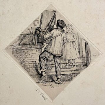 [Antique print, etching] A street musician making music, published 1853. Antieke prent te koop