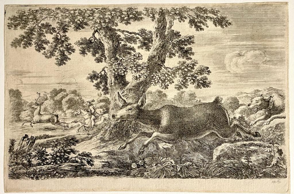 [Antique print Stefano della Bella ca. 1654] Deer hunt