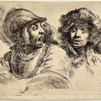 Antique print Della Bella 1652 I Startled soldier and self portrait of Rembrandt. Antieke prent Rembrandt portret