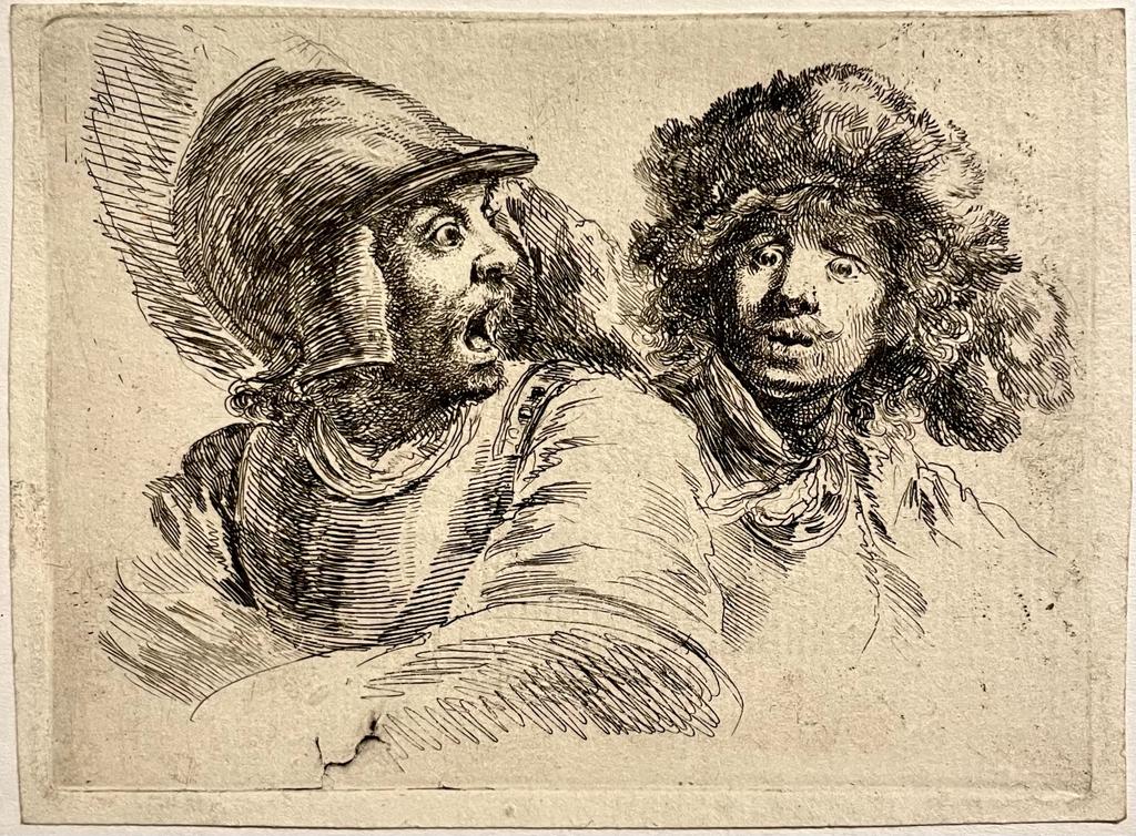 Antique print Della Bella 1652 I Startled soldier and self portrait of Rembrandt. Antieke prent Rembrandt portret