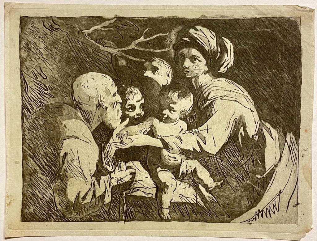 Antique print. The Holy Family with Saint John the Baptist.