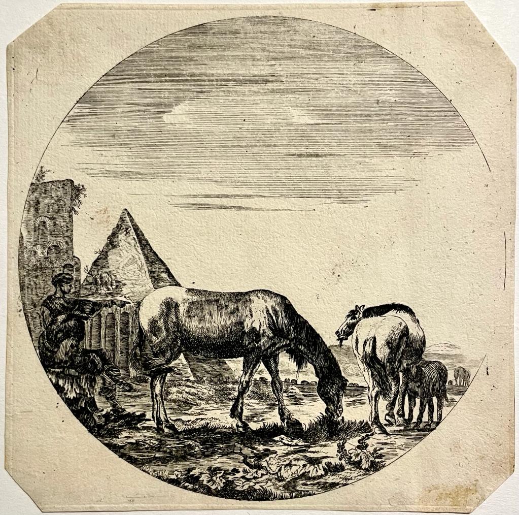 [Antique print I Della Bella I ca. 1650] Grazing horses at the Pyramid of Cestius. Antieke prent.