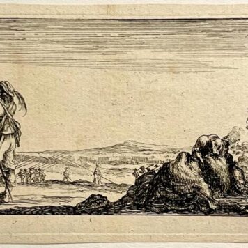 Antique print 1640 I Talking soldiers and a fallen horse. Della Bella. Antieke prent, oude meester.