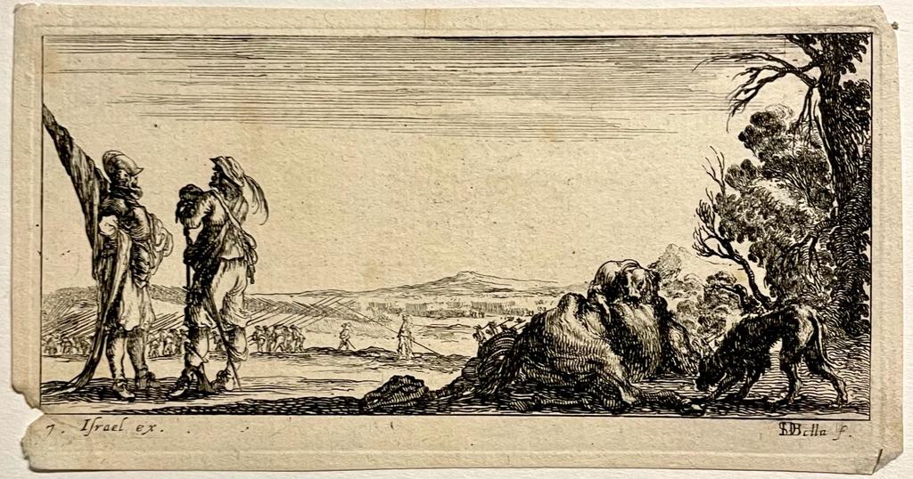 Antique print 1640 I Talking soldiers and a fallen horse. Della Bella. Antieke prent, oude meester.