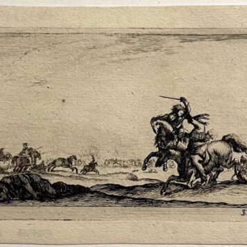 Print Della Bella ca 1650 I Soldiers on horseback swordfighting. Antieke prent.