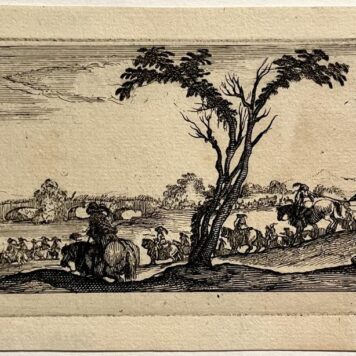 Antique print Della Bella 1650I Men on horseback cross a river.