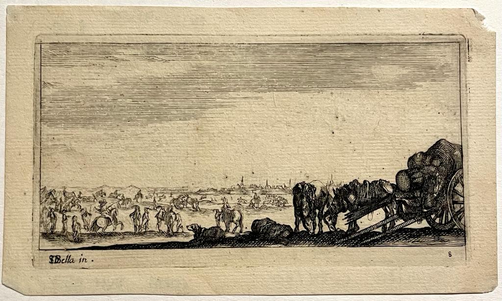 [Antique print Della Bella ca. 1650] Harnassed grazing horses. Antieke prent.