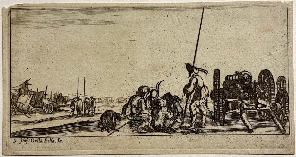 [Antique print Della Bella ca. 1650] Soldiers playing cards beside a cannon.