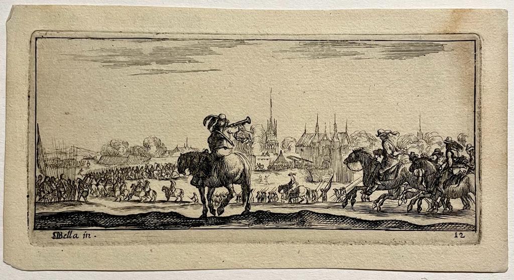 [Antique print Della Bella ca. 1650] Soldiers enter Arras with trumpet. Antieke prent.