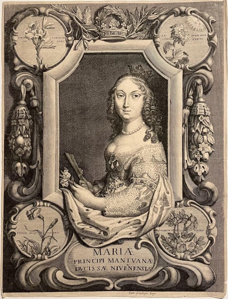 [Antique portrait print ca 1634] Louise Marie Queen of Poland by Falck. Antieke prent, gravure.