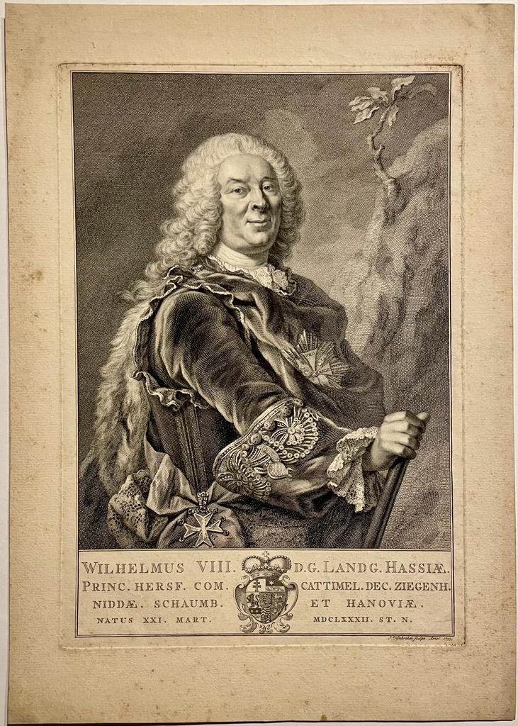 [Antique portrait print 1755] Willem VIII of Kassel door Houbraken.