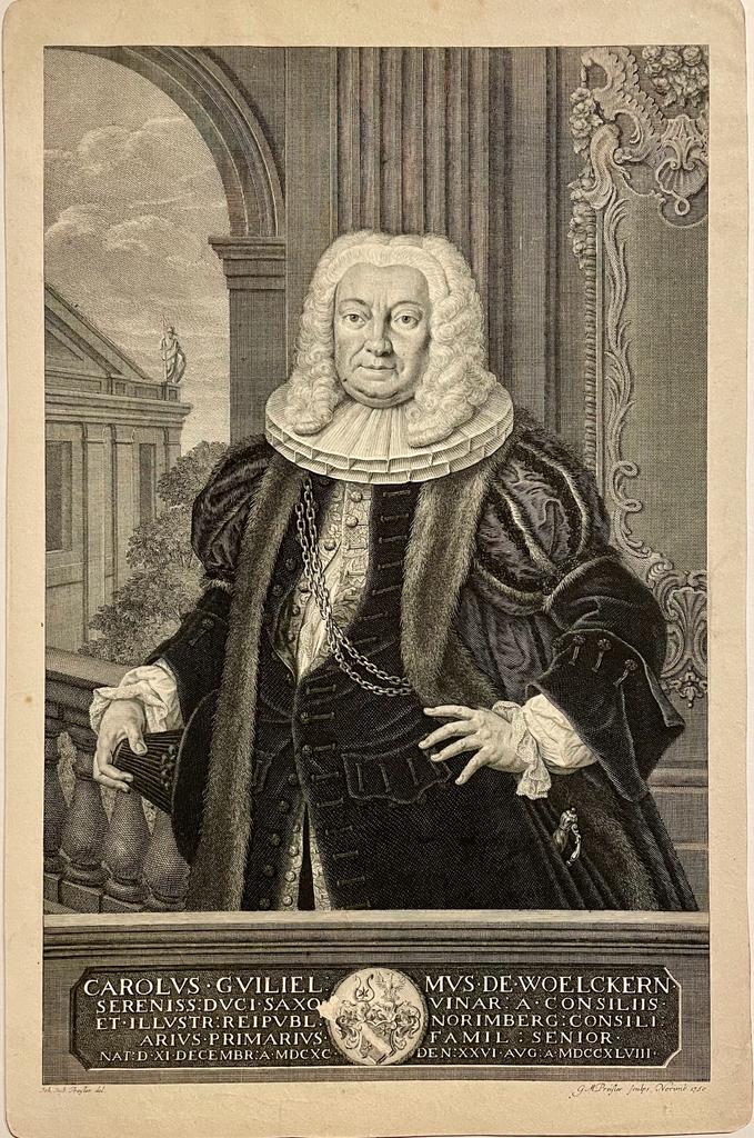 [Antique portrait print 1750] Jurist Karl Wilhelm Woelcker by Georg Martin Preisler.