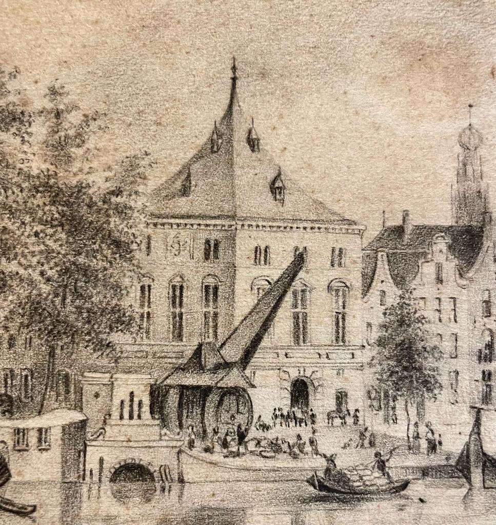 [Antique drawing] Spaarne and de Waag in Haarlem 1850.