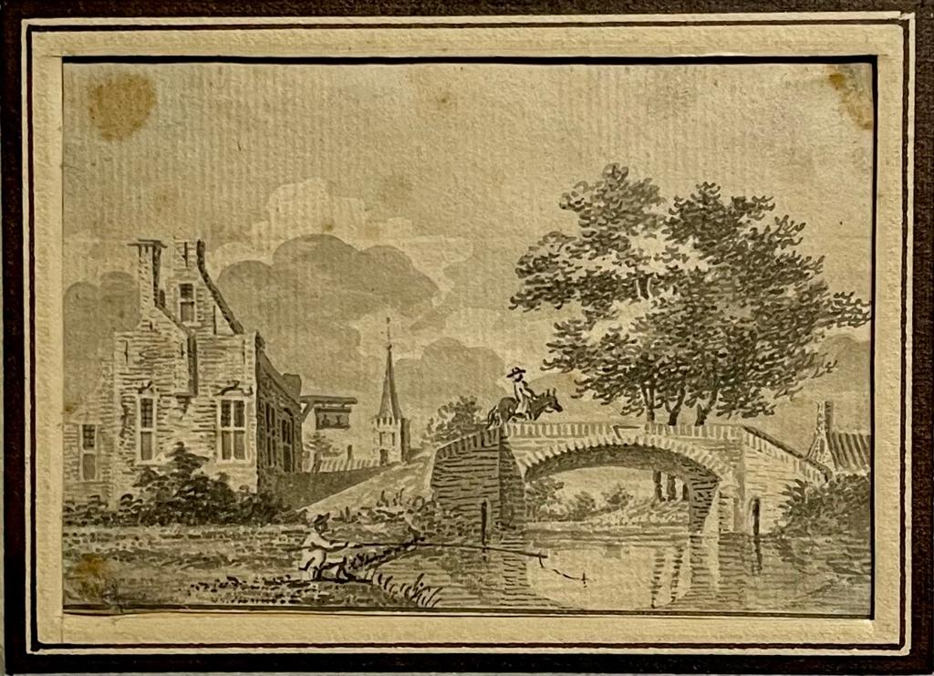 [Antique drawing] Gezicht op een brug bij een dorp ca. 1750 I Cornelis Pronk?