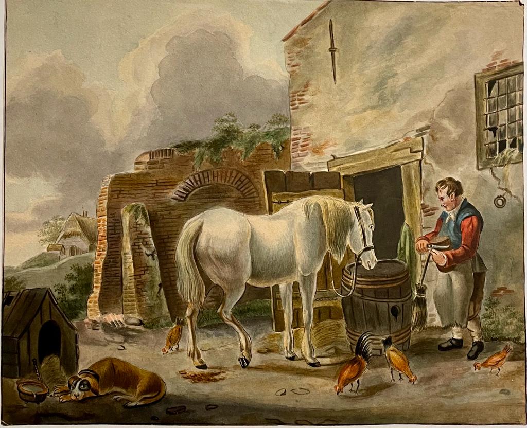 [Antique drawing] Farmer with horse dog and chickens ca. 1800.