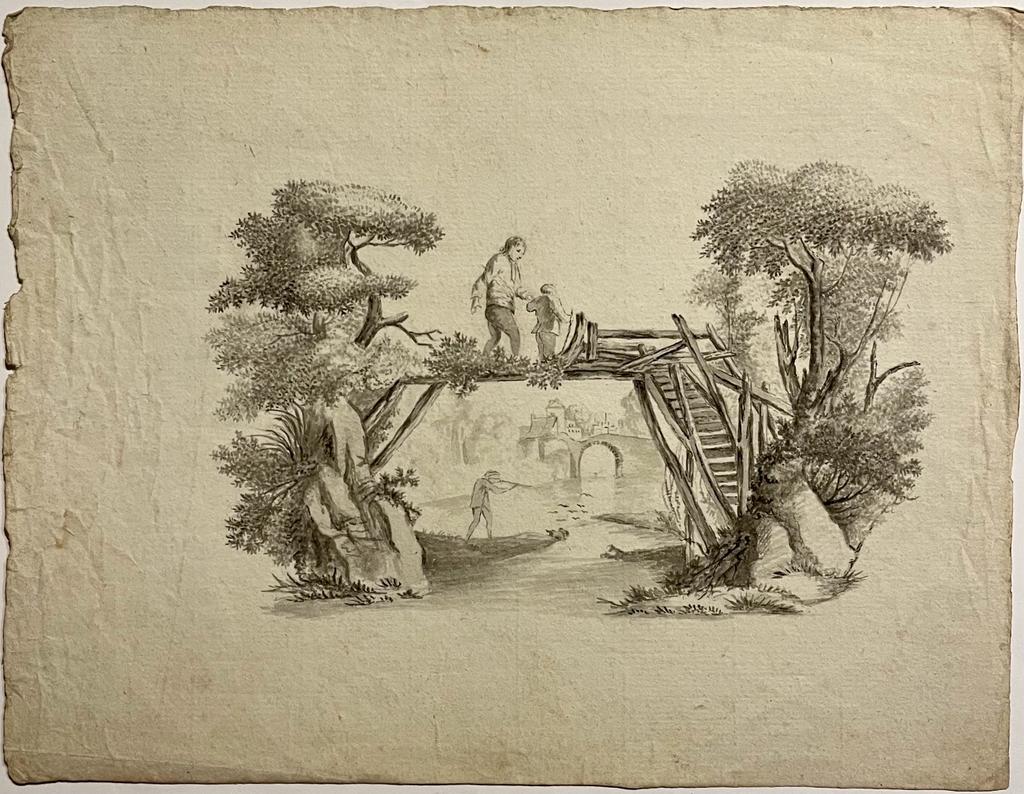 Antique drawing watercolour I Het bruggetje I ca. 1780
