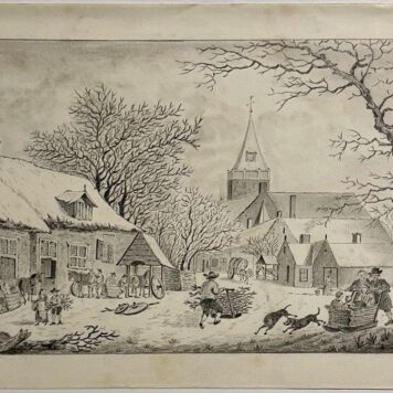 Antique drawing I View on a village in winter ca. 1820.