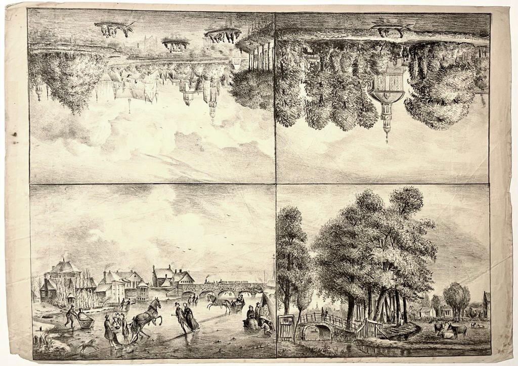 [Antique print, lithography, skating] Four landscapes on one paper