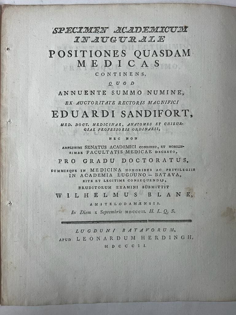 Diss. Leiden geneeskunde 10-9-1802. Wilhelmus Blank.