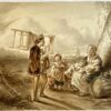 Antique drawing I Peasants family with monkey, 1876 after Elchanon Verveer.
