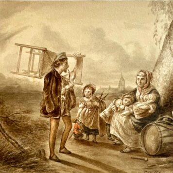 Antique drawing I Peasants family with monkey, 1876 after Elchanon Verveer.